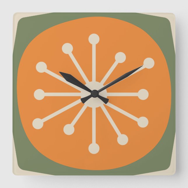 Atomic Age Mid Century Modern Retro Square Wall Clock (Front)
