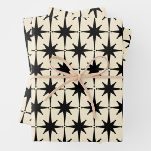 Atomic Age Mid Century Starbursts Black and Cream Wrapping Paper Sheet