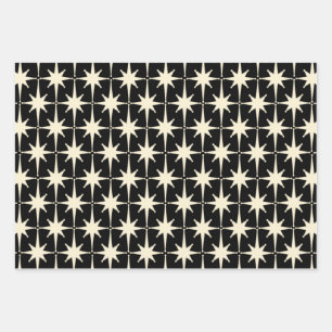 Atomic Age Mid Mod Starbursts in Cream and Black Wrapping Paper Sheet