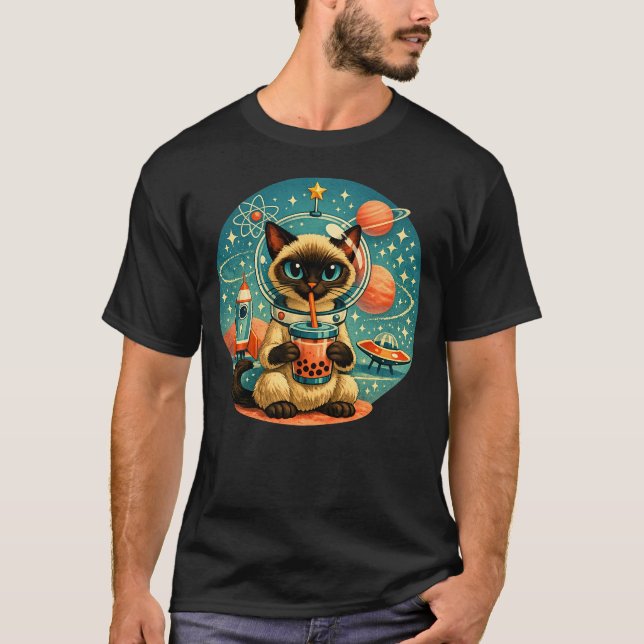 Atomic Age Outer Space Boba Siamese Astronaut Cat T-Shirt (Front)