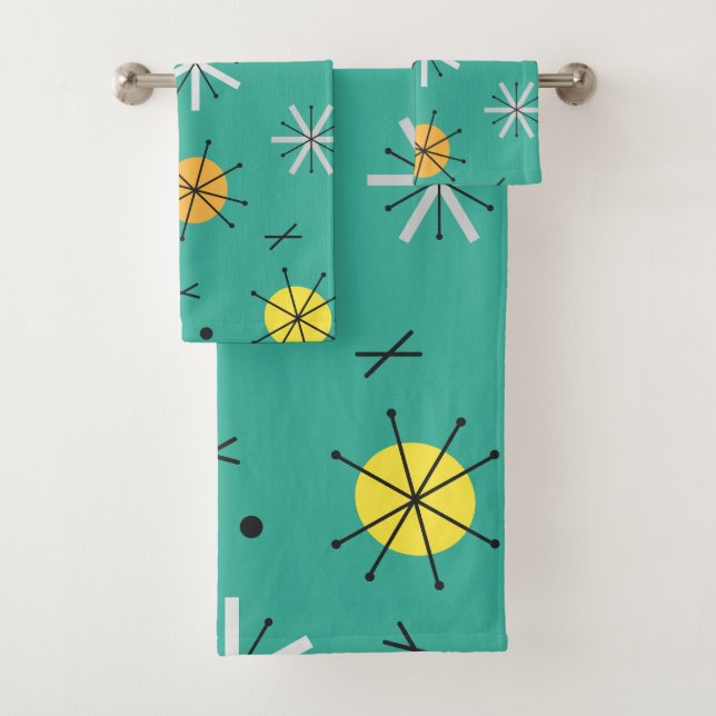 Atomic Age Planets Starbursts Turquoise Bath Towel Set (Insitu)