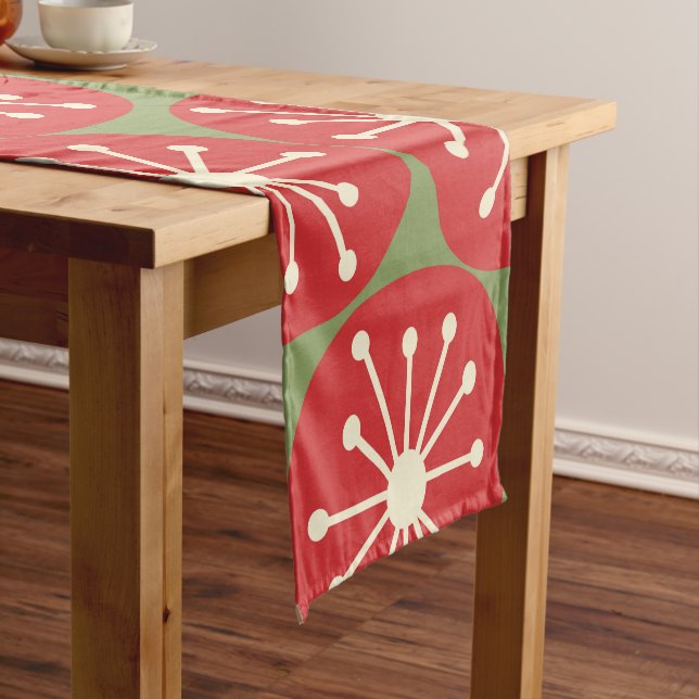 Atomic Age Retro Dots in Christmas Green Red Cream Short Table Runner (In Situ)