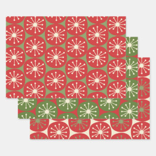 Atomic Age Retro Dots in Christmas Green Red Cream Wrapping Paper Sheet