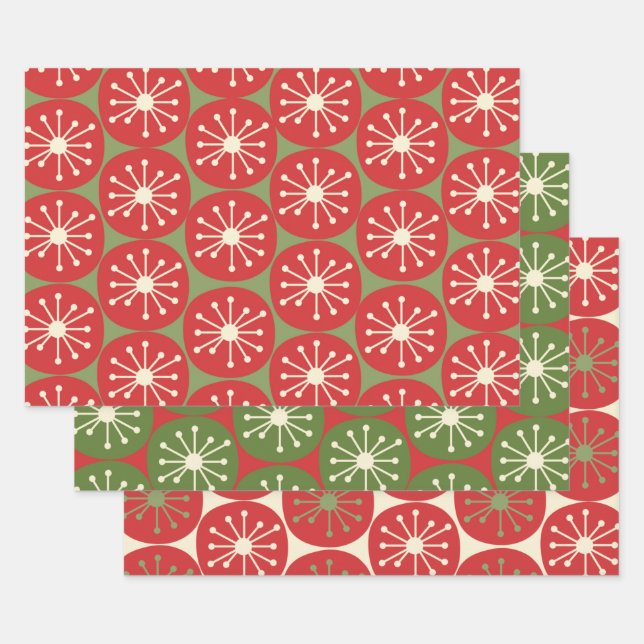 Atomic Age Retro Dots in Christmas Green Red Cream Wrapping Paper Sheet (Set)