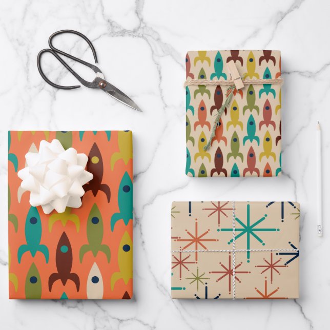 Atomic Age Retro Rockets and Mid Mod Starbursts Wrapping Paper Sheet (Front)