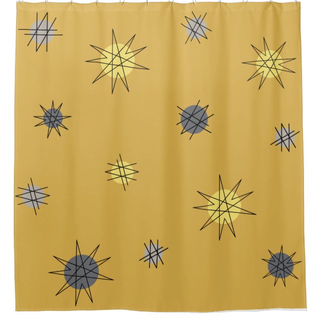 Atomic Age Starburst Planets Ochre Grey Shower Curtain (Front)