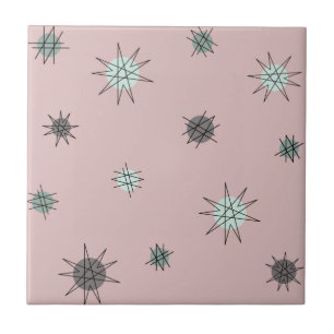 Atomic Age Starburst Planets Rose Pink Tile