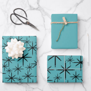 Atomic Age Starbursts Black and 50s Turquoise Wrapping Paper Sheet