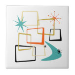 Atomic Age Stars Boomerang Squares Mid Century Tile<br><div class="desc">Add that splash of fun and colour to your kitchen or bathroom with this fabulous atomic era mid century modern ceramic tile. This design features abstract squares, starbursts, and a boomerang in the colours of orange, turquoise, yellow, gold, and black... so funky!</div>