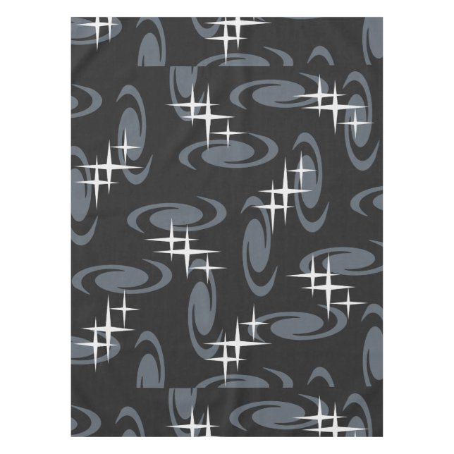 Atomic Age Swirls Stars Pattern Black Gray Tablecloth (Front)
