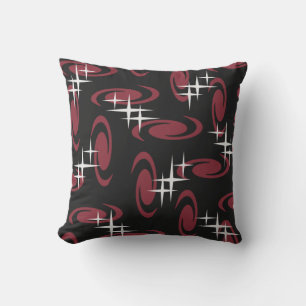 Atomic Age Swirls Stars Pattern Black Maroon Cushion