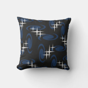 Atomic Age Swirls Stars Pattern Black Navy Blue Cushion