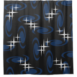 Atomic Age Swirls Stars Pattern Black Navy Blue Shower Curtain