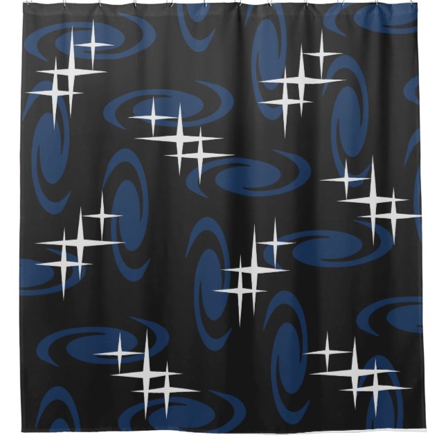Atomic Age Swirls Stars Pattern Black Navy Blue Shower Curtain (Front)