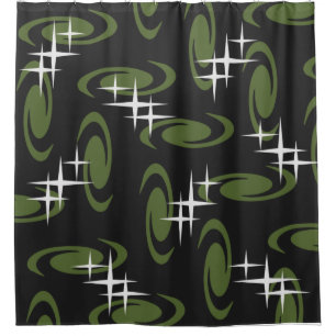 Atomic Age Swirls Stars Pattern Black Olive Green Shower Curtain