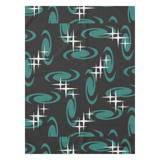 Atomic Age Swirls Stars Pattern Black Teal Tablecloth (Front)