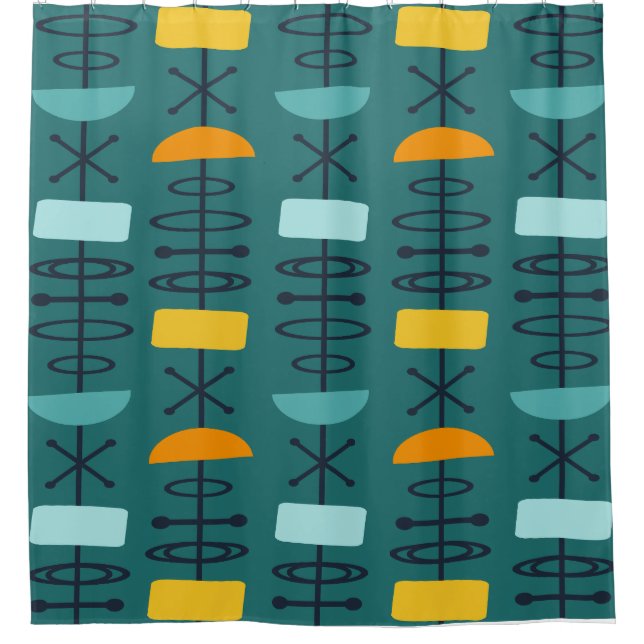 Atomic Age Symbols Teal Multicolored Shower Curtain (Front)