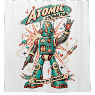 Atomic Automaton Retro Robot Shower Curtain Mid Ce
