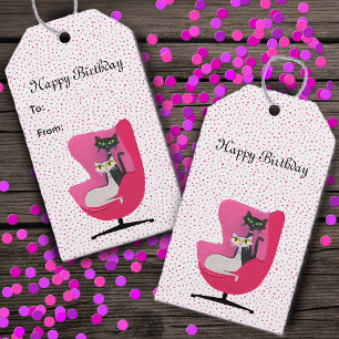 Atomic Birthday Cats on Pink Chair Polka Dots Gift Tags