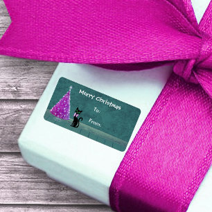 Atomic black Cat Pink silver Christmas Tree Teal Label