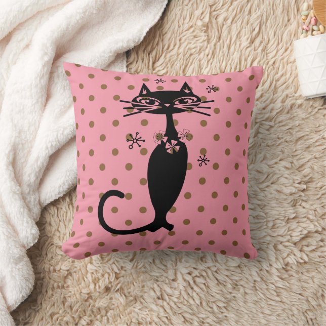 ATOMIC CAT BLACK RETRO PINK POLKA DOT PILLOW (Blanket)