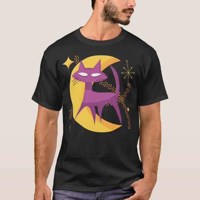 Atomic Cat in Moon Mid-Century Modern Halloween Sc T-Shirt (Front)