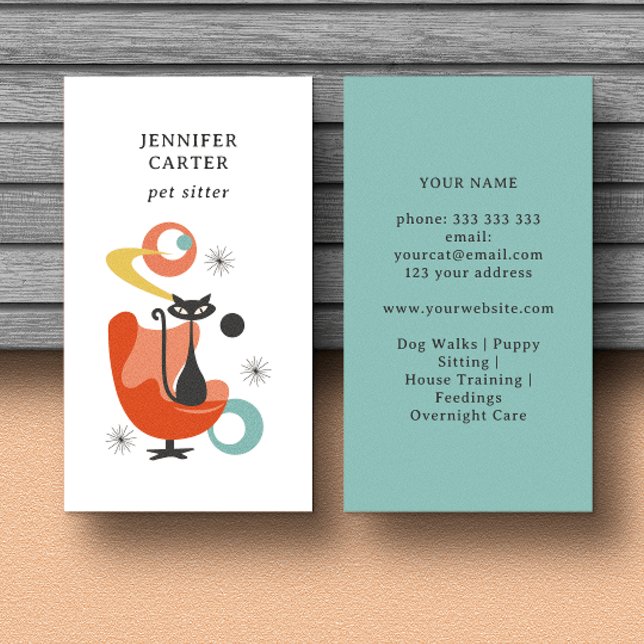 ATOMIC CAT ON A CHAIR MID CENTURY PET SITTER  BUSINESS CARD (Creator Uploaded)