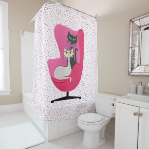 Atomic Cats Green Yellow Eyes in Pink chair Dots Shower Curtain