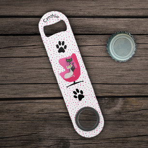 Atomic Cats in Pink Chair black Paw Prints Dots