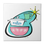 Atomic Cookware Design Ceramic Tile<br><div class="desc">This Atomic Cookware Design Ceramic Tile will have you saying, “Wow, what an amazing thrift store haul!” The mid century modern boomerang with bright yellow starburst acts as the background for these perfectly kitschy dishes. A jadeite restaurant ware coffee mug, an iconically 1950s lidded casserole dish with cornflower blue floral...</div>