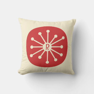 Atomic Dot Midcentury Modern Retro Initial Red  Cushion