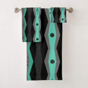 Atomic Era Abstract Columns Black Turquoise Bath Towel Set