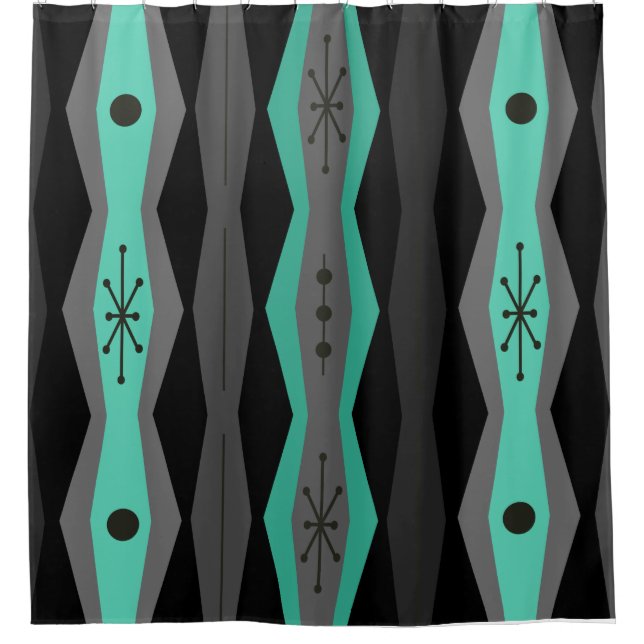 Atomic Era Abstract Columns Black Turquoise Shower Curtain (Front)