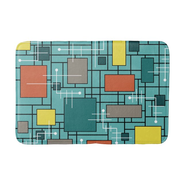 Atomic Era Abstract Lines Boxes Turquoise Bath Mat (Front)