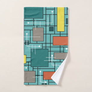Atomic Era Abstract Lines Boxes Turquoise Hand Towel