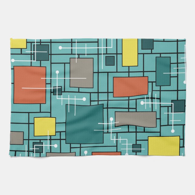 Atomic Era Abstract Lines Boxes Turquoise Tea Towel (Horizontal)