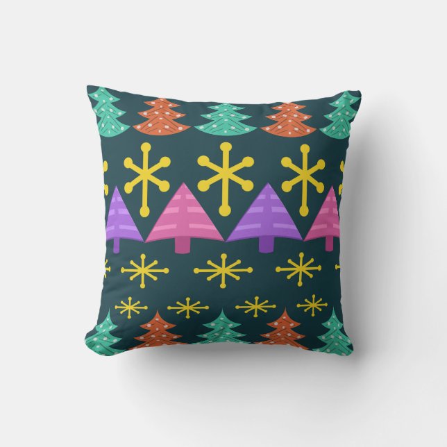 Atomic Era Christmas Trees Kitsch Dark Cushion (Front)