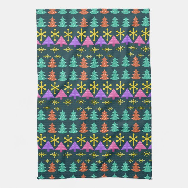 Atomic Era Christmas Trees Kitsch Dark Tea Towel (Vertical)