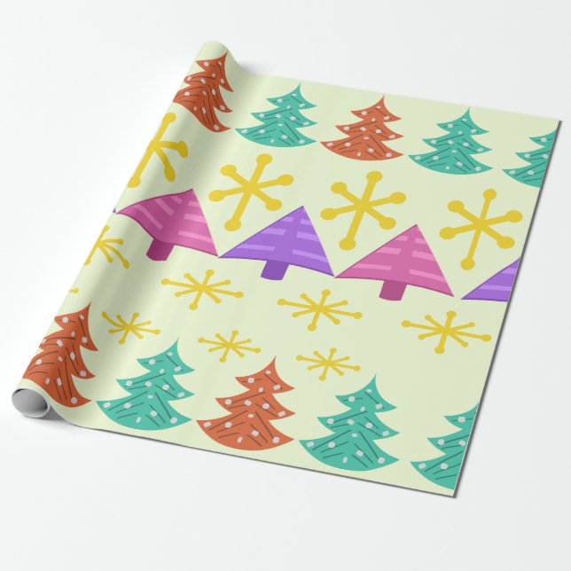 Atomic Era Christmas Trees Kitsch Light Wrapping Paper (Unrolled)