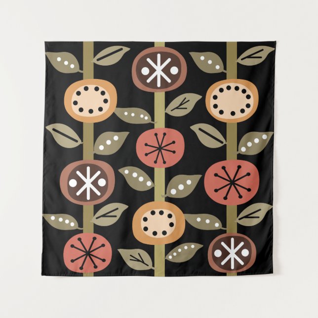 Atomic Era Flowers Art Black Colourful Tapestry (Front)