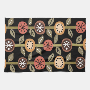 Atomic Era Flowers Art Black Colourful Tea Towel