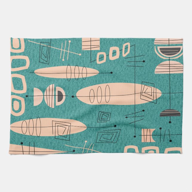 Atomic Era Inspired Fish Art Teal Tea Towel (Horizontal)