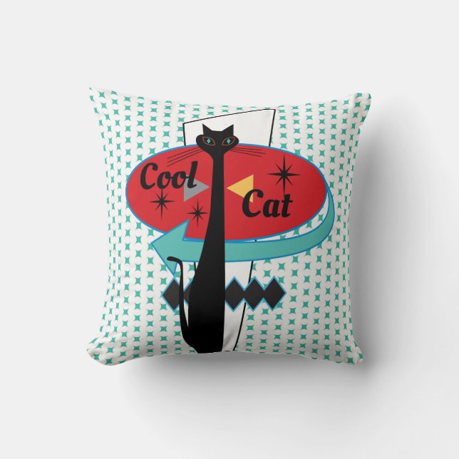 Atomic Era Mid Century Modern Cool Cat Sign Cushion (Front)