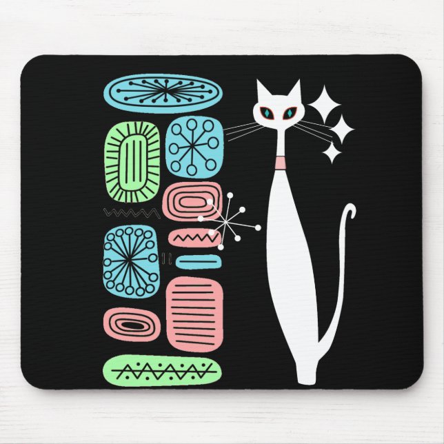 Atomic Era Mid Century Modern White Cat Mouse Pad (Front)