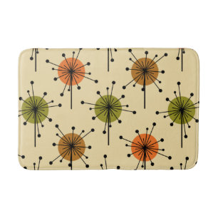 Atomic Era Sputnik Starburst Flowers Earth Tones Bath Mat