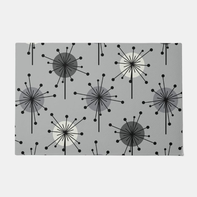 Atomic Era Sputnik Starburst Flowers Grey Doormat (Front)