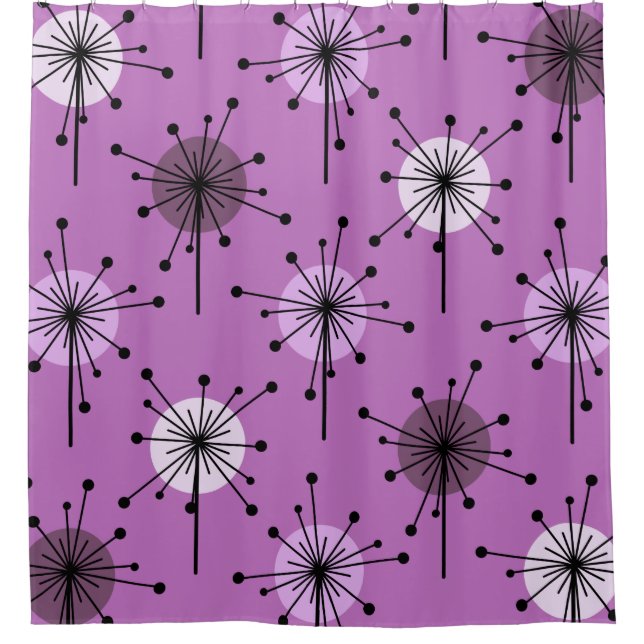 Atomic Era Sputnik Starburst Flowers Purple Lilac Shower Curtain (Front)
