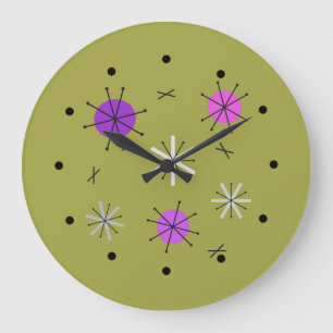 Atomic Era Starburst Planets Olive Green Large Clock