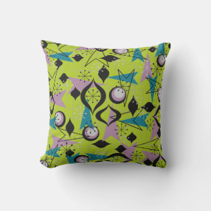 Atomic Fifties, Peridot Green, Black Throw Pillow