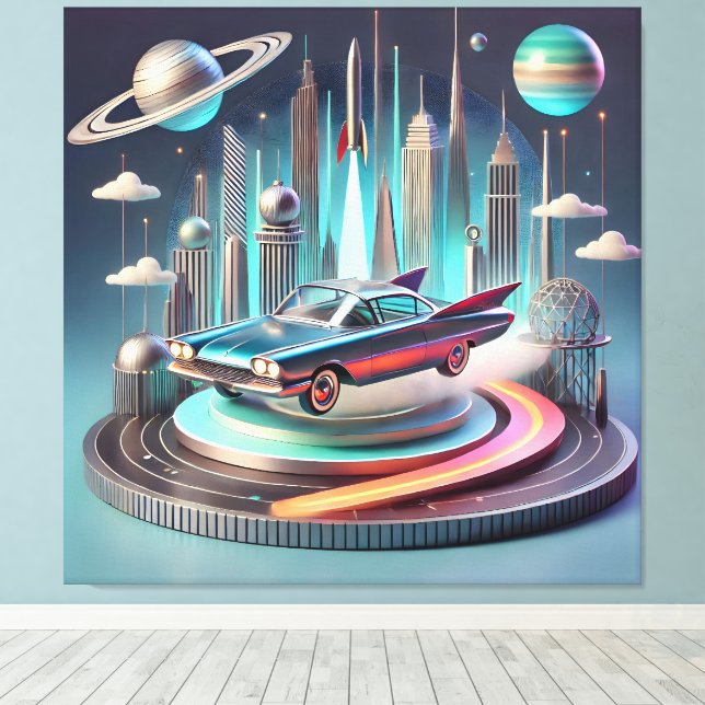 Atomic Futuristic Big Fins Coupe Car Canvas Print (Insitu(Wood Floor))